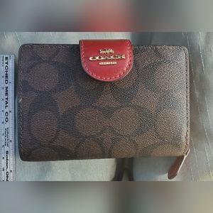 Coach Medium Corner Zip Wallet Brown With Red and Gold Accents